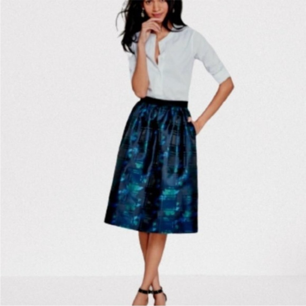 J.Crew Factory Plaid Jacquard Full Midi Skirt | Blue & Black | Petite 2 (2P)